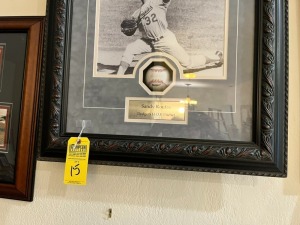 SHADOW BOX STYLE FRAMED AUTOGRAPHED PICTURE & BALL - SANDY KOUFAX - 26X20