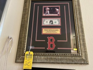 FRAMED AUTOGRAPHED PICTURE - TED WILLIAMS WITH TED ON A DOLLAR (CERTIFICATE OF AUTHENTICITY)