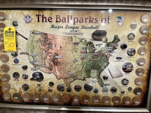 FRAMED PICTURE - THE UNITED STATES WITH EVERY CITY FROM THE MAJOR LEAGUE WITH DIRT FROM PARKS - ''THE BALL PARKS OF MAJOR LEAGUE BASEBALL'' - 36X24