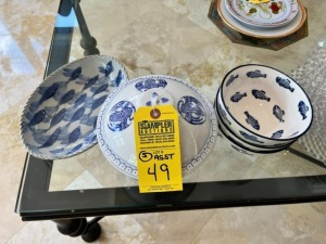 ASSORTED BLUE & WHITE PIECES - 1- OBLONG DISH / 1- COVERED BOWL / 3- FISH BOWLS