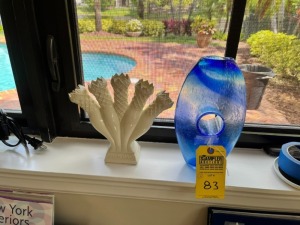 ASSORTED PIECES - 1- BLUE BLOWN GLASS VASE / 1- WHITE 5-HOLE CANDLESTICK