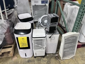 ASSORTED PIECES - 4 AIR COOLERS, AIR FILTERS, FAN, HEATERS