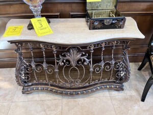 UPSCALE FOYER / ENTRY TABLE WITH MARBLE STYLE TOP & ORNATE WROUGHT IRON STYLE BASE - 56''W x 21.5''D x 32''H