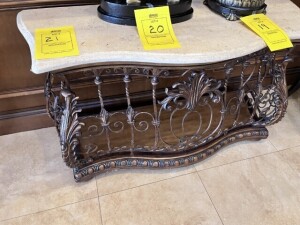UPSCALE FOYER / ENTRY TABLE WITH MARBLE STYLE TOP & ORNATE WROUGHT IRON STYLE BASE - 56''W x 21.5''D x 32''H