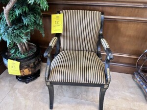 BLACK ENAMEL & FABRIC PARSONS CHAIRS WITH GOLD TRIM