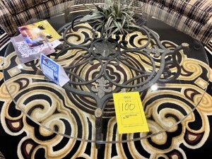 GLASS & WROUGHT IRON COFFEE TABLE WITH FLEUR DE LIS - 52'' ROUND