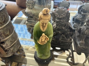 JADEITE & BONE FIGURINE - CONFUCIUS HOLDING BUDDHA