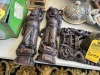 ASSORTED ORIENTAL STYLE PIECES - 1- BRASS BELL WITH WOOD STAND / 2- WOOD FIGURINES - MAN & WOMAN - 2