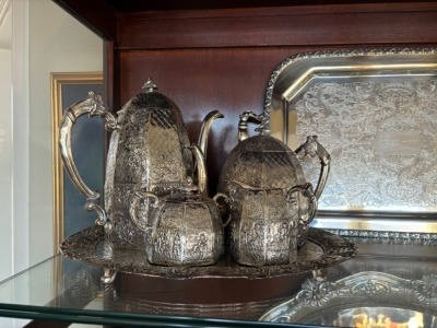 SILVER PLATED TEA SET PIECES, ETC