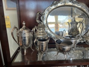 SILVER PLATED TEA SET PIECES, ETC