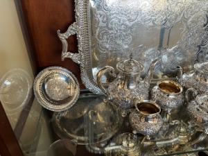 SILVER PLATED TEA SET PIECES, ETC