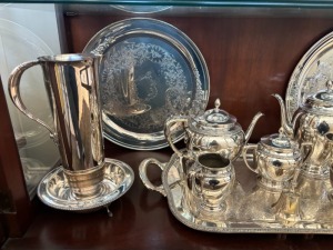 SILVER PLATED TEA SET PIECES, ETC