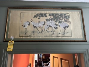 WOOD FRAMED ARTWORK - ORIENTAL WRITING - BIRDS IN FIELD