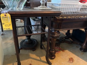 DARK WOOD PIECES - 2- SQUARE TABLES / 1- ROUND PEDESTAL