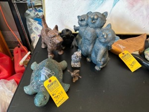 ASSORTED ANIMAL FIGURINES - METAL / PLASTIC - TURTLE, DOG, CATS, OWL, BIRD, AVON BIRD