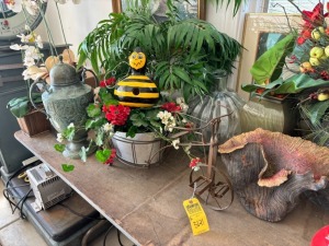 ASSORTED DECOR - PLANTS ,VASES, BRASS BIKE DECOR, ETC