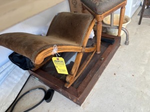 ASSORTED PIECES - 2- WOOD BENCHES / 1- GLASS CASE WITH WOOD FRAME