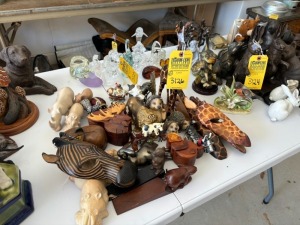 ASSORTED WOOD / STONE FIGURINES - LIONS, GIRAFFE, ELEPHANTS, ETC