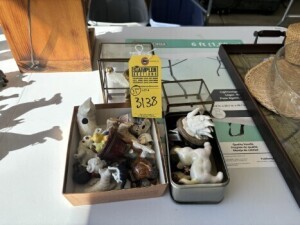 ASSORTED CERAMIC FIGURINES WITH 2 DISPLAY CASES