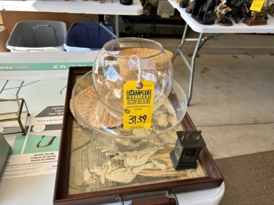 ASSORTED PIECES - 2- GLASS BOWLS, 1- WICKER BASKET, 1- VINTAGE WOOD TRAY, 1- GERMAN CLOCK, ETC