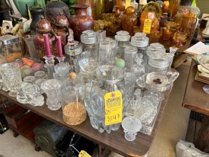 ASSORTED GLASSWARE - CUPS, PITCHERS, ASH TRAYS, ETC