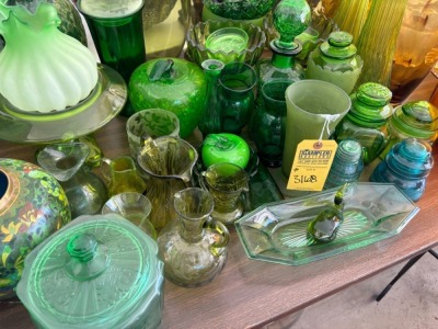 GREEN GLASS POURERS, MUGS, VASES, ETC