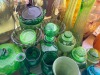 GREEN GLASS POURERS, MUGS, VASES, ETC - 3