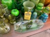 GREEN GLASS POURERS, MUGS, VASES, ETC - 4