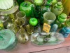 GREEN GLASS POURERS, MUGS, VASES, ETC - 5