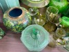 GREEN GLASS POURERS, MUGS, VASES, ETC - 6