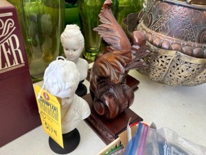 ASSORTED PIECES - 2- CERAMIC BUSTS / 2- BOMBAY WOOD SCULPTURES