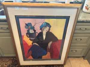 FRAMED ARTWORK - TARKAY - SEATED WOMAN WITH HAT - SIGNED - APPROXIMATELY 48"x36"