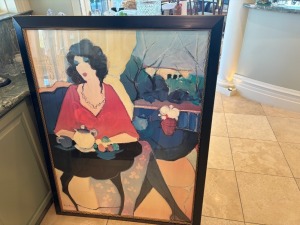 FRAMED ARTWORK - TARKAY - SEATED WOMAN AT TABLE - SIGNED - APPROXIMATELY 48"x36"