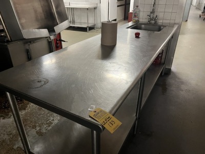 STAINLESS STEEL TABLE WITH SINK & SPRAYER - 8' ***BUYER MUST SHUT OFF WATER PRIOR TO REMOVAL AND CAP LINES***