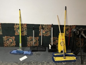 ASSORTED DUST PANS, DUST MOPS, BROOMS, CAUTION SIGNS, ETC