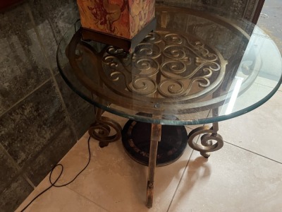 ROUND GLASS & WROUGHT IRON END TABLE - 24''