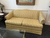 ASSORTED FURNITURE - COUCH WITH GOLD & COPPER LEAF FABRIC / WOOD END TABLE / GOLD TONE COFFEE TABLE WITH GLASS TOP