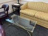 ASSORTED FURNITURE - COUCH WITH GOLD & COPPER LEAF FABRIC / WOOD END TABLE / GOLD TONE COFFEE TABLE WITH GLASS TOP - 2