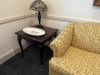 ASSORTED FURNITURE - COUCH WITH GOLD & COPPER LEAF FABRIC / WOOD END TABLE / GOLD TONE COFFEE TABLE WITH GLASS TOP - 3