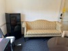 LOT OFFICE SUITE - WOOD & GLASS DESK / 6 ASSORTED CHAIRS / CABINET / COUCH WITH GOLD & COPPER FABRIC - 4