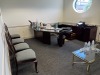 LOT OFFICE SUITE - DESK WITH GLASS TOP / 4 CHAIRS / COUCH / FILE CABINET / 2 TABLES / LAMP / WALL CABINET