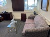 LOT OFFICE SUITE - DESK WITH GLASS TOP / 4 CHAIRS / COUCH / FILE CABINET / 2 TABLES / LAMP / WALL CABINET - 2