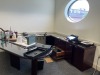 LOT OFFICE SUITE - DESK WITH GLASS TOP / 4 CHAIRS / COUCH / FILE CABINET / 2 TABLES / LAMP / WALL CABINET - 3