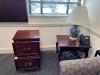 LOT OFFICE SUITE - DESK WITH GLASS TOP / 4 CHAIRS / COUCH / FILE CABINET / 2 TABLES / LAMP / WALL CABINET - 5