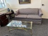 LOT OFFICE SUITE - DESK WITH GLASS TOP / 4 CHAIRS / COUCH / FILE CABINET / 2 TABLES / LAMP / WALL CABINET - 6