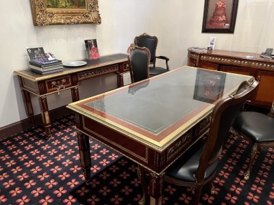 LOT OFFICE SUITE - ORNATE GOLD & WOOD - DESK / 2 CREDENZAS