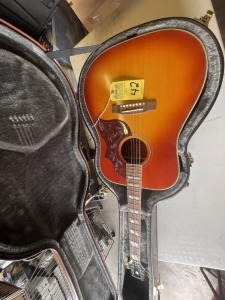 EPIPHONE HUMMINGBIRD ACOUSTIC GUITAR WITH MOTHER OF PEARL IN NECK, CHEATER BAR, SPARE STRINGS, HARD CASE & GUITAR, BASS & VIOLIN TUNER - SERIAL No. 21122307443 (VERY GOOD CONDITION)