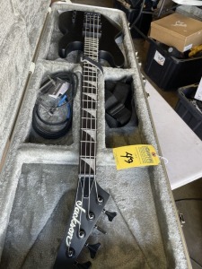 JACKSON ELECTRIC BASS GUITAR WITH MOTHER OF PEARL ON NECK & CORD WITH JACKS TO PLUG IN & RECTANGULAR HARD CASE