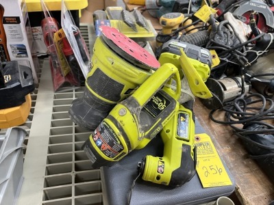 RYOBI TOOLS - R411 PAD SANDER WITH DUST BAG & BATTERY / P202 1/'' DRILL / PBLMT50 MULTI-TOOL WITH BATTERY / P704 LIGHT (GOOD CONDITION) ***TOOLS / EQUIPMENT LOCATION***