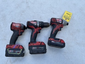 MILWAUKEE TOOLS - 2902-20 1/2'' HAMMER DRILL WITH BATTERY / 2656-20 1/4'' IMPACT DRIVER WITH BATTERY / 2853-20 1/4'' IMPACT DRIVER WITH BATTERY (ALL GOOD CONDITION)